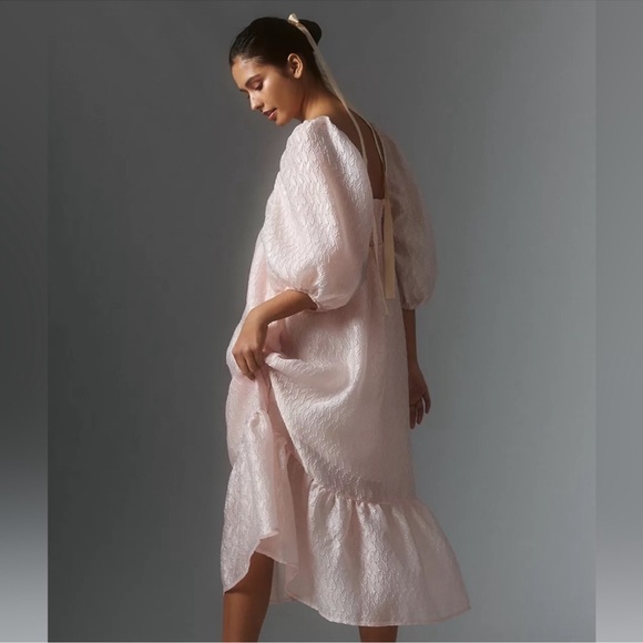 New By Anthropologie Textured Pink Puff-Sleeve Dress SP Small petite - Picture 5 of 10